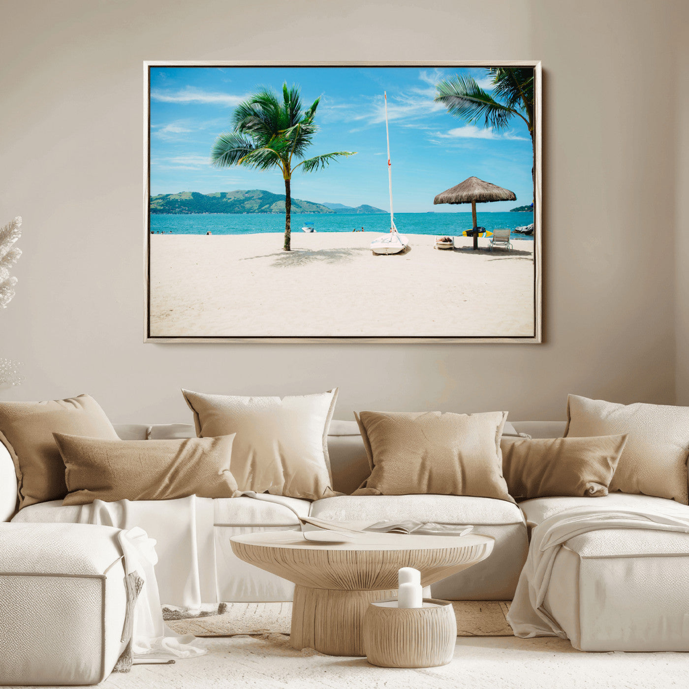Tropical beach scene with palm trees, a white sailboat, and turquoise ocean waters under a bright blue sky, creating a peaceful summer vibe.
