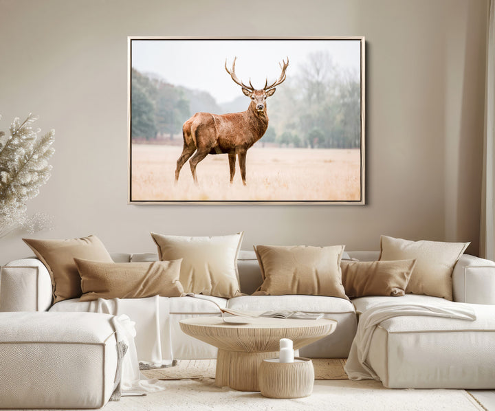 Vintage Wildlife Canvas Print, Framed Misty Landscape Art Picture Print, Deer Wall Art Perfect Rustic Wildlife Decor Artwork
