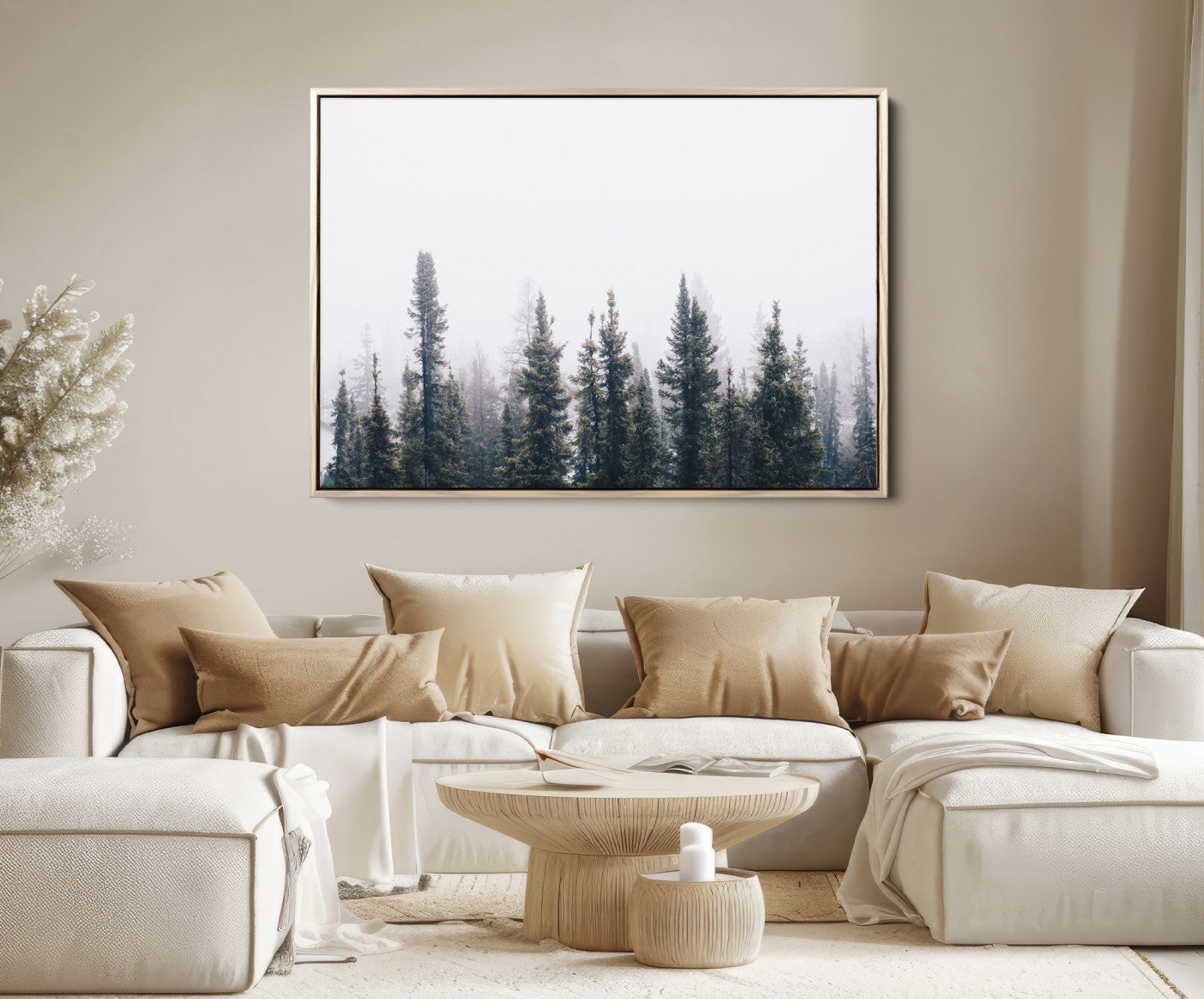 42364796-MGV-FC-36X24_Natural-Foggy Forest Wall Art Canvas Print, Framed Misty Pines Art Picture Print, Moody Woodland Perfect Scandinavian Minimalist Decor Artwork