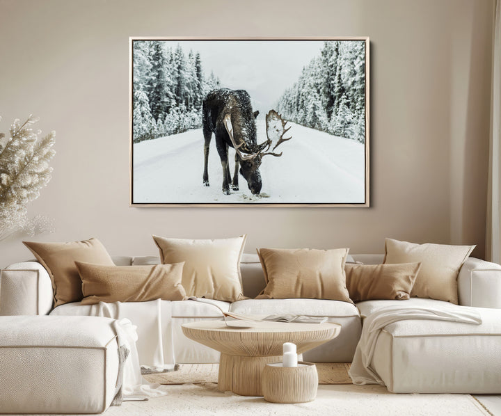 Moose in Snow Wall Art Canvas Print, Framed Winter Wildlife Art Picture Print, Snowy Forest Scene Perfect Rustic Lodge Decor Artwork