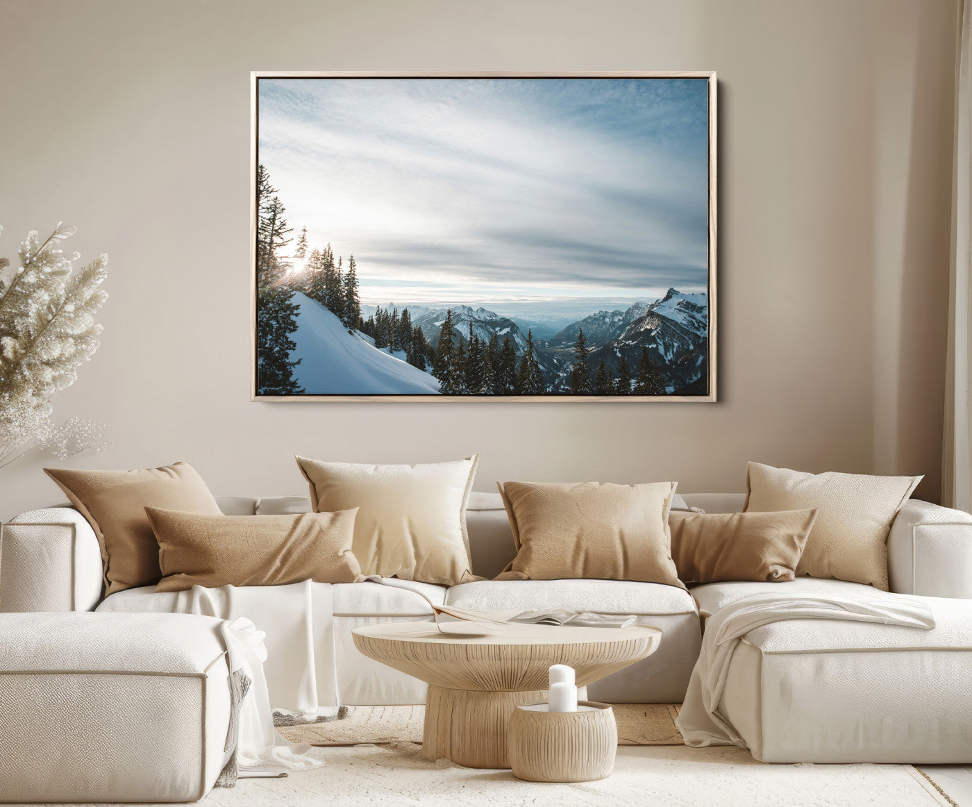 55564749-MGV-FC-36X24-Snowy Mountains Wall Art Canvas Print, Framed Alpine Landscape Art Picture Print, Frosty Peaks Perfect Nordic Minimalist Decor Artwork