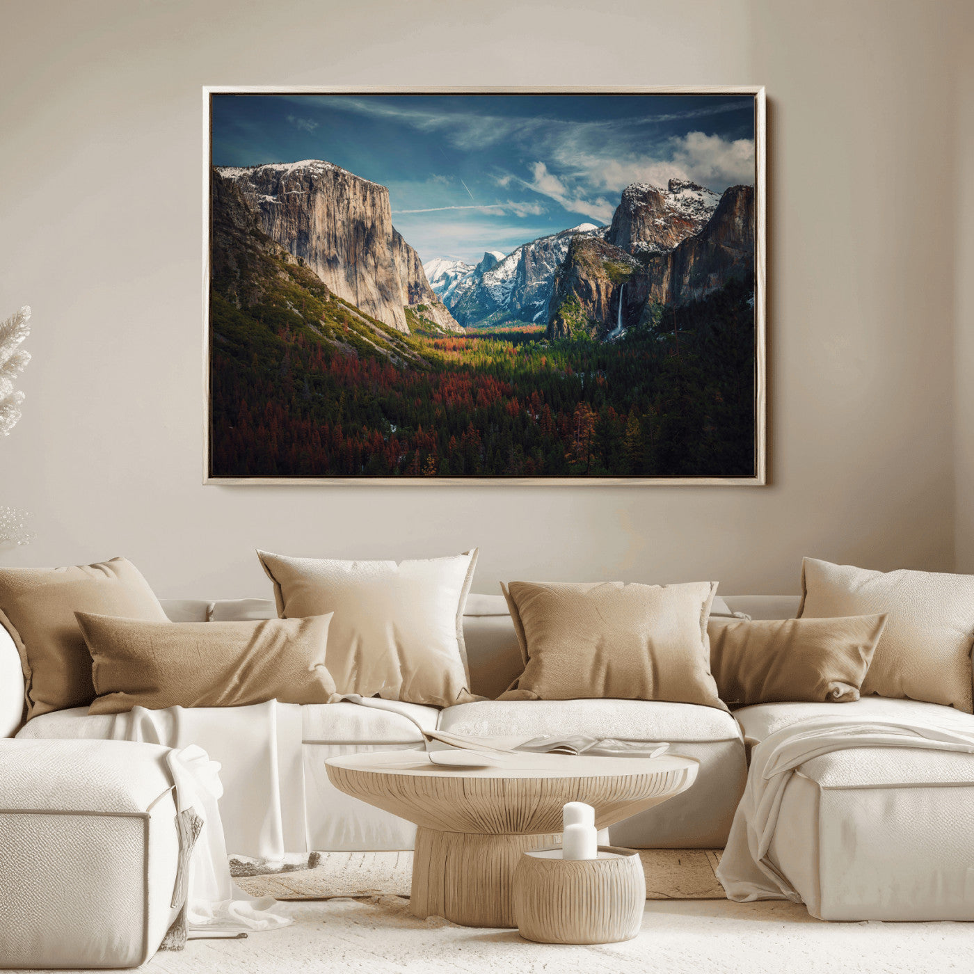 Framed canvas print of Yosemite National Park, featuring El Capitan and a scenic waterfall, ideal for rustic farmhouse or adventure-themed home decor.