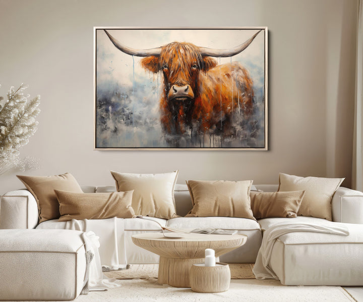 Scottish Highland Wall Art Canvas Print, Framed Longhorn Art Picture Print, Western Cow Perfect Farmhouse Decor Artwork