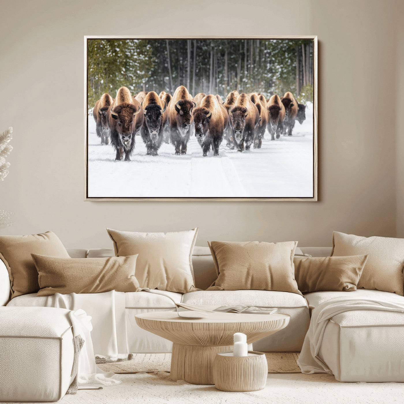 American Bison Herd in Snow Wall Art Canvas Print – Powerful Winter Wildlife Scene with Buffalo in Motion, Perfect for Rustic Lodge or Western Cabin Decor