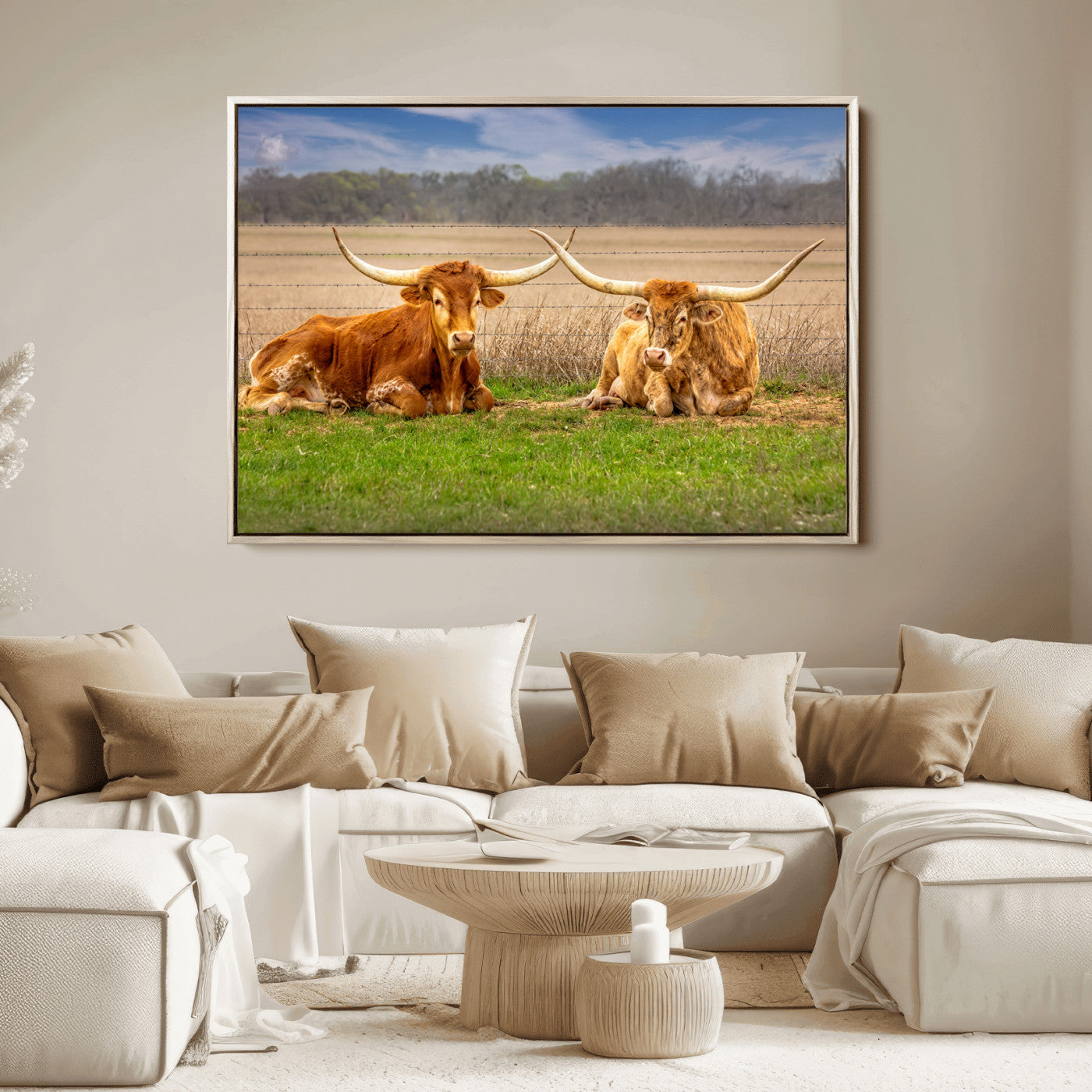 54598515-MGV-FC-36X24_Natural-Texas Longhorn Pair Wall Art Canvas Print – Peaceful Rustic Ranch Scene with Two Cattle in Field, Perfect for Western Farmhouse Home Decor
