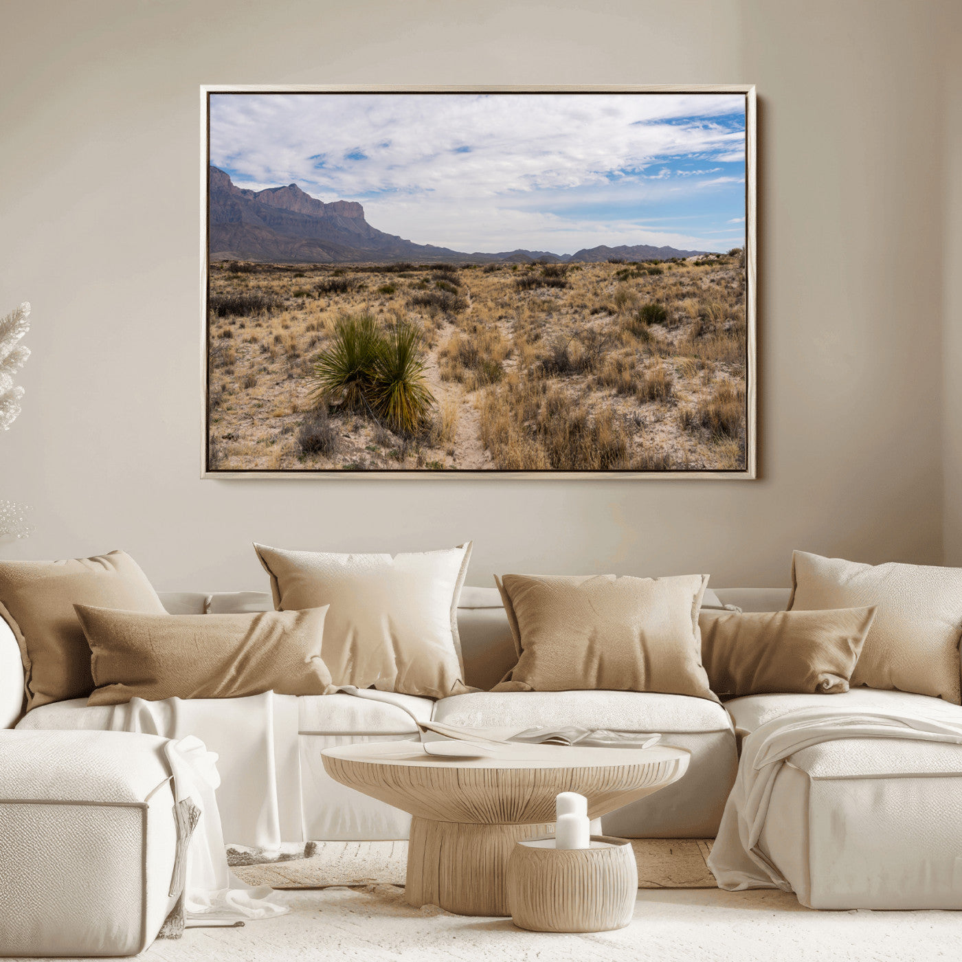A scenic desert landscape with dry grasses, scattered shrubs, and a distant mountain range under a partly cloudy blue sky.