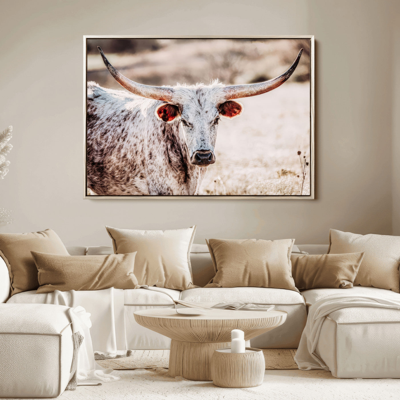 Close-up photograph of a white and brown speckled longhorn cow with very large, curved horns standing in a sunlit field with dry grass and blurred background.