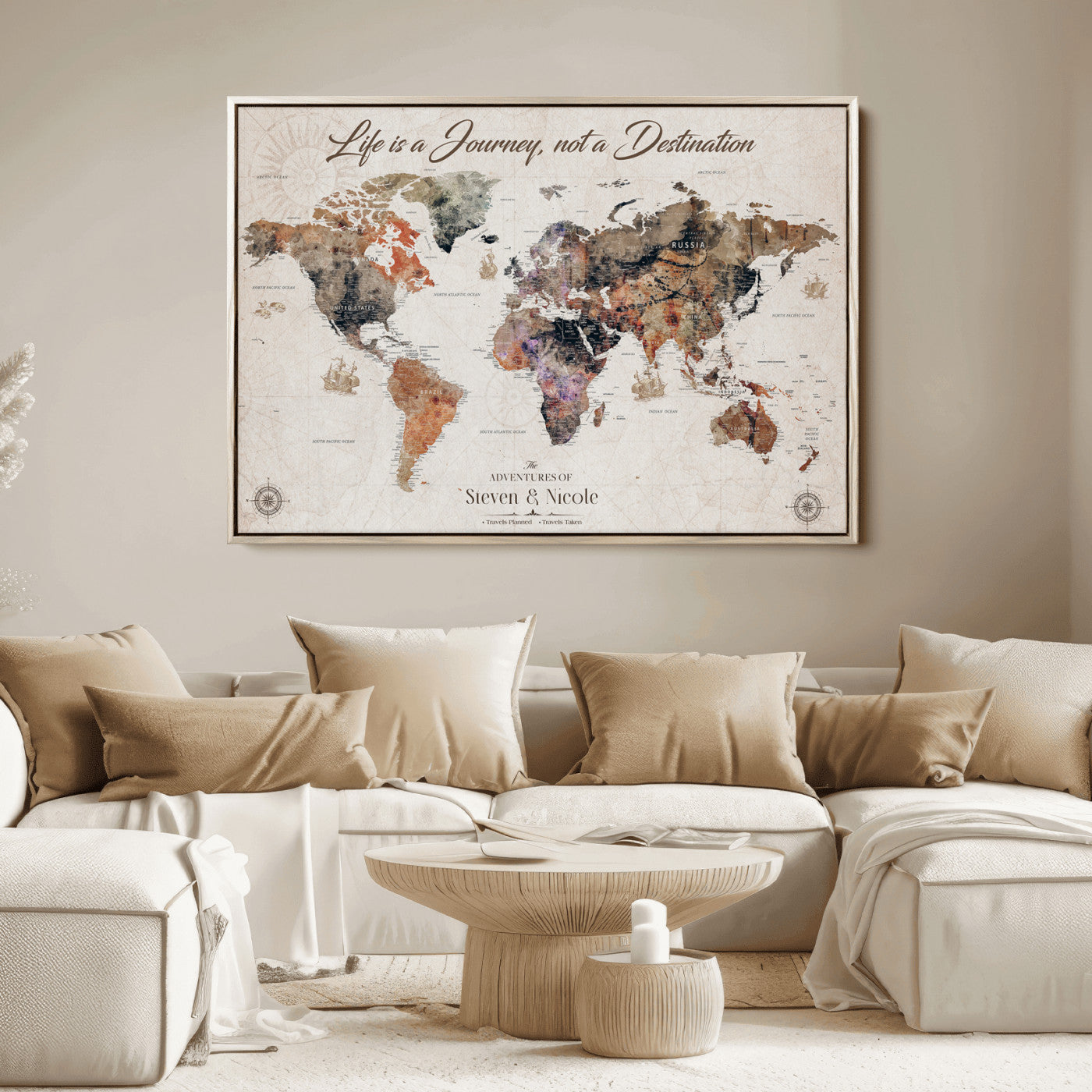 96000140-MGV-CV-36X24-Custom Push Pin World Map Wall Canvas Print – Personalized Travel Tracker with Pins – Framed Large Multi-Size Canvas for Home Office Decor