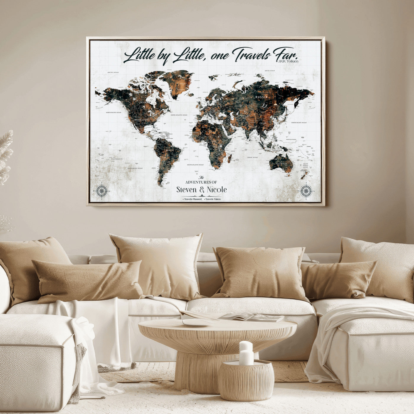 89231588-MGV-CV-36X24-Custom Push Pin World Map Wall Canvas Print – Personalized Travel Tracker with Pins – Framed Large Multi-Size Canvas for Home Office Decor