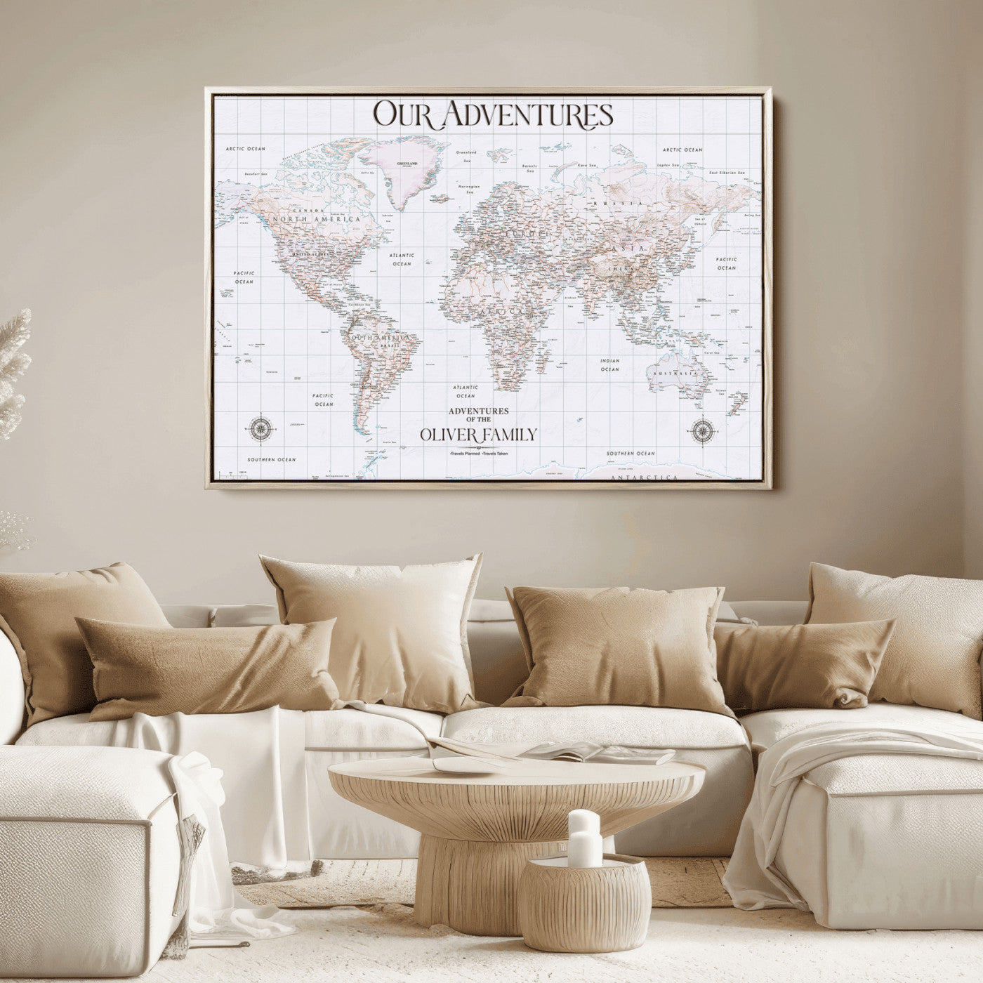 40041157-MGV-CV-36X24-Custom Push Pin World Map Wall Canvas Print – Personalized Travel Tracker with Pins – Framed Large Multi-Size Canvas for Home Office Decor