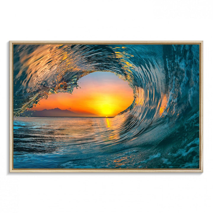 The Ocean Wave Sunset Wall Art canvas print features a vibrant ocean wave at sunset, forming a tunnel with silhouetted mountains.