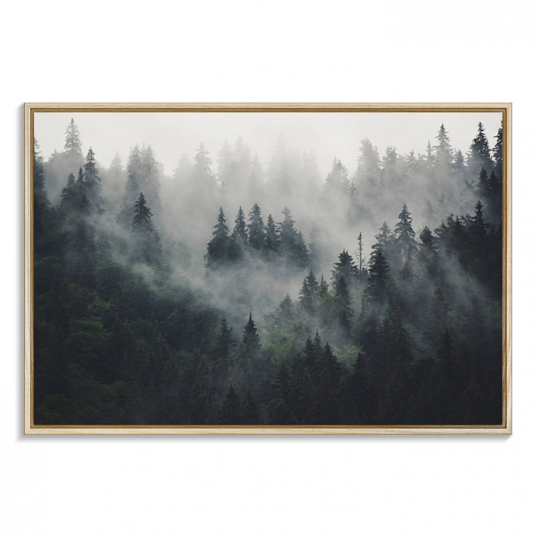 The Serene Triptych Print features tall evergreens, creating a mysterious and calming atmosphere.