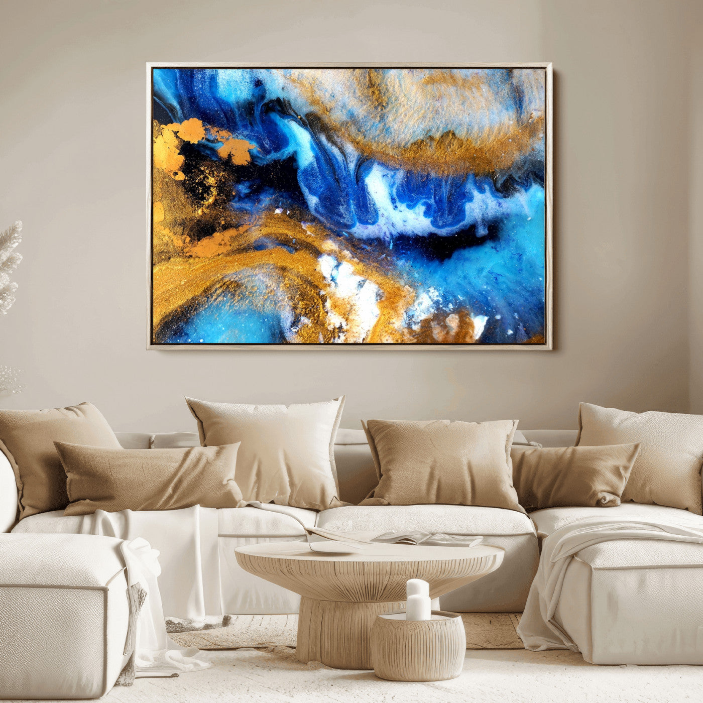 42100-MGV-CV-36X24-Blue Orange Marble Fluid Effect Canvas Wall Art Print