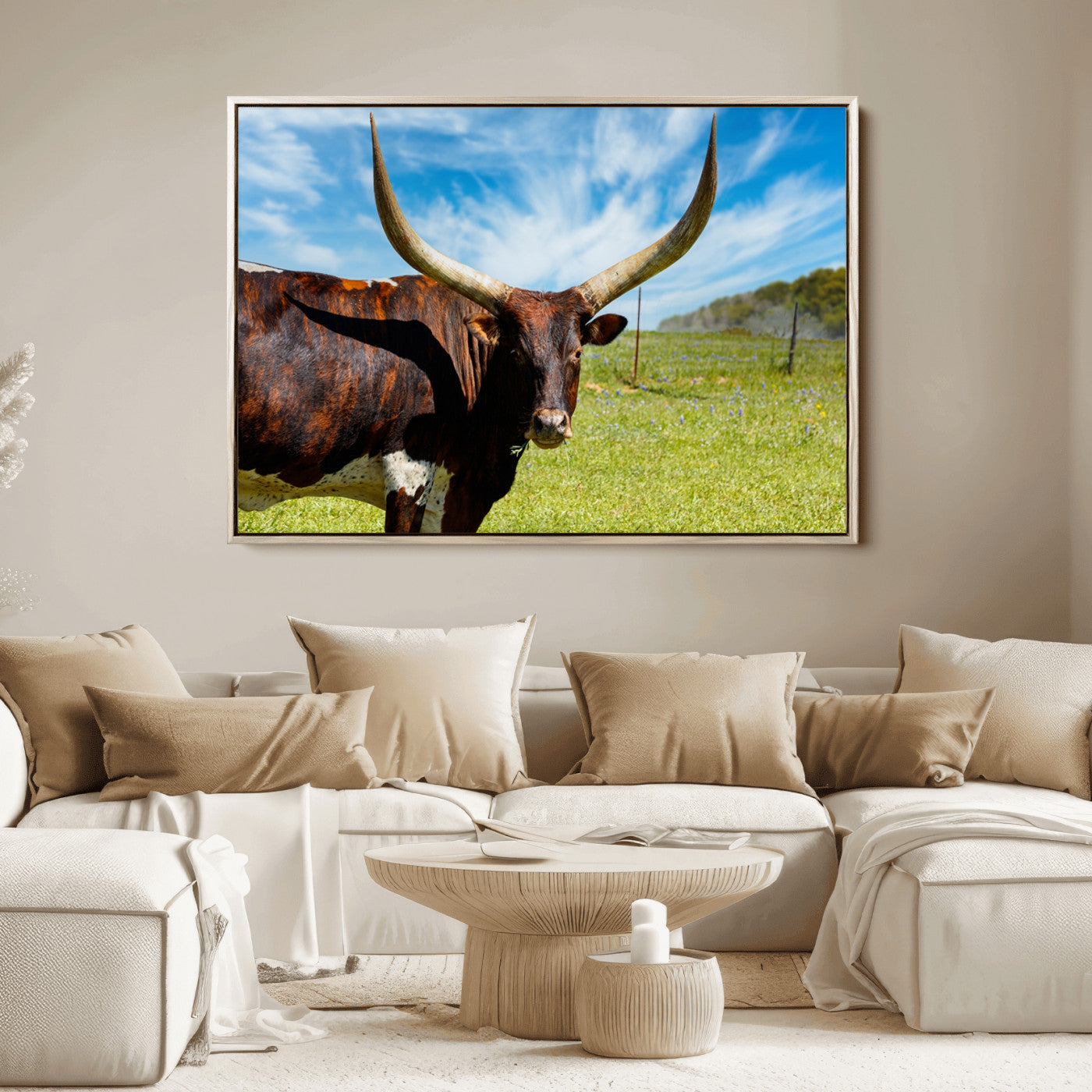 47037-MGV-FC-36X24_Natural-Longhorn and Cow Wall Art, Country Cow Wall Decor Canvas Print