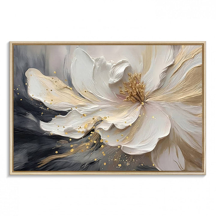 Elegant White and Gold Floral Triptych Canvas Art, a modern textured flower painting for home or office decor, features a blurred gray background.