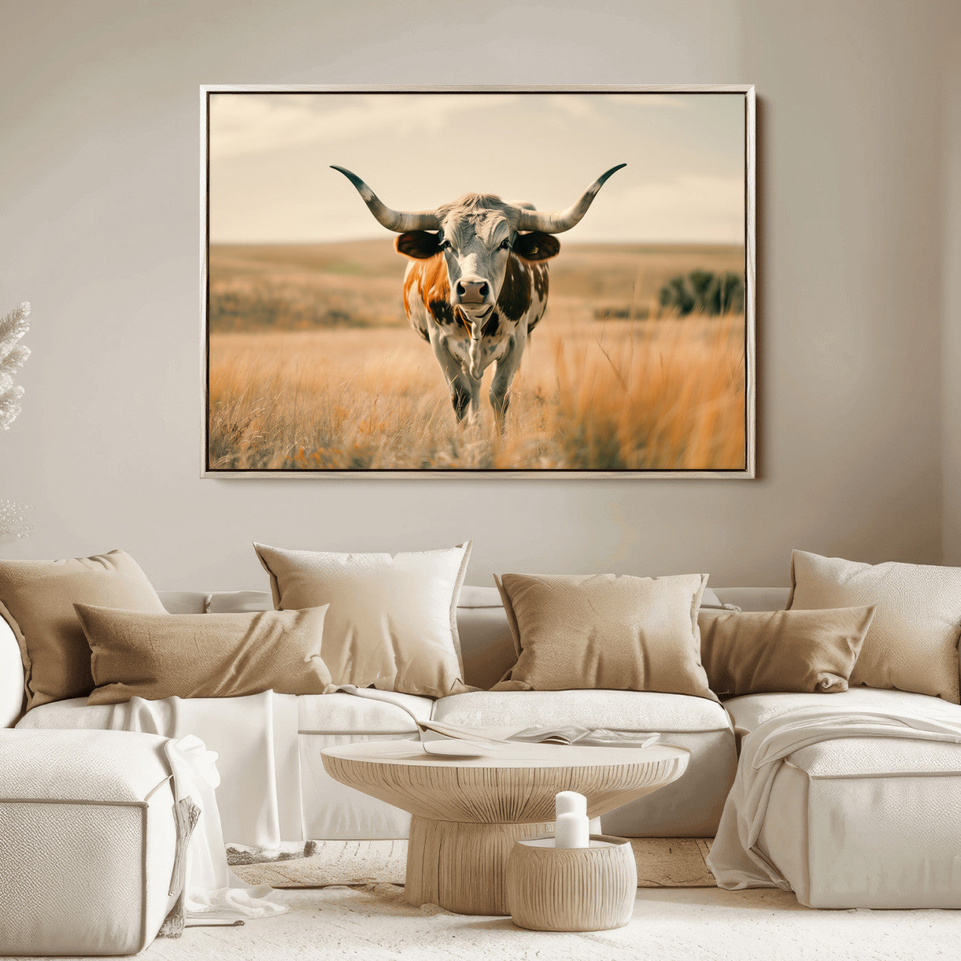 16580-MGV-FC-36X24_Natural-Texas Cow Longhorn Wall Art Canvas Print for Farm House Wall Decor, Farmhouse Cow Print Canvas Wall Art Print