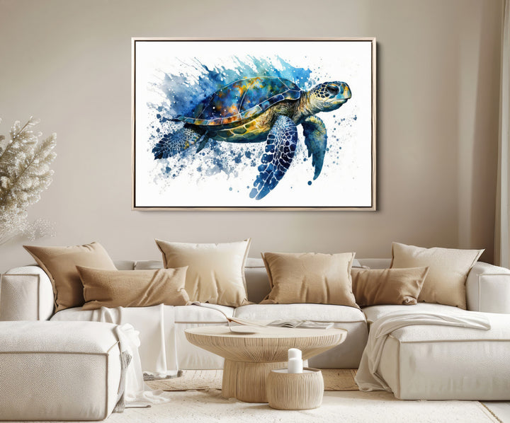 The Turtle Wall Art Print, featuring blue splashes, beautifully showcases Ocean Life.