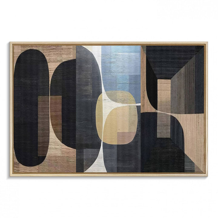 Abstract geometric wall art featuring black, gray, beige, and blue tones framed in a wooden border.