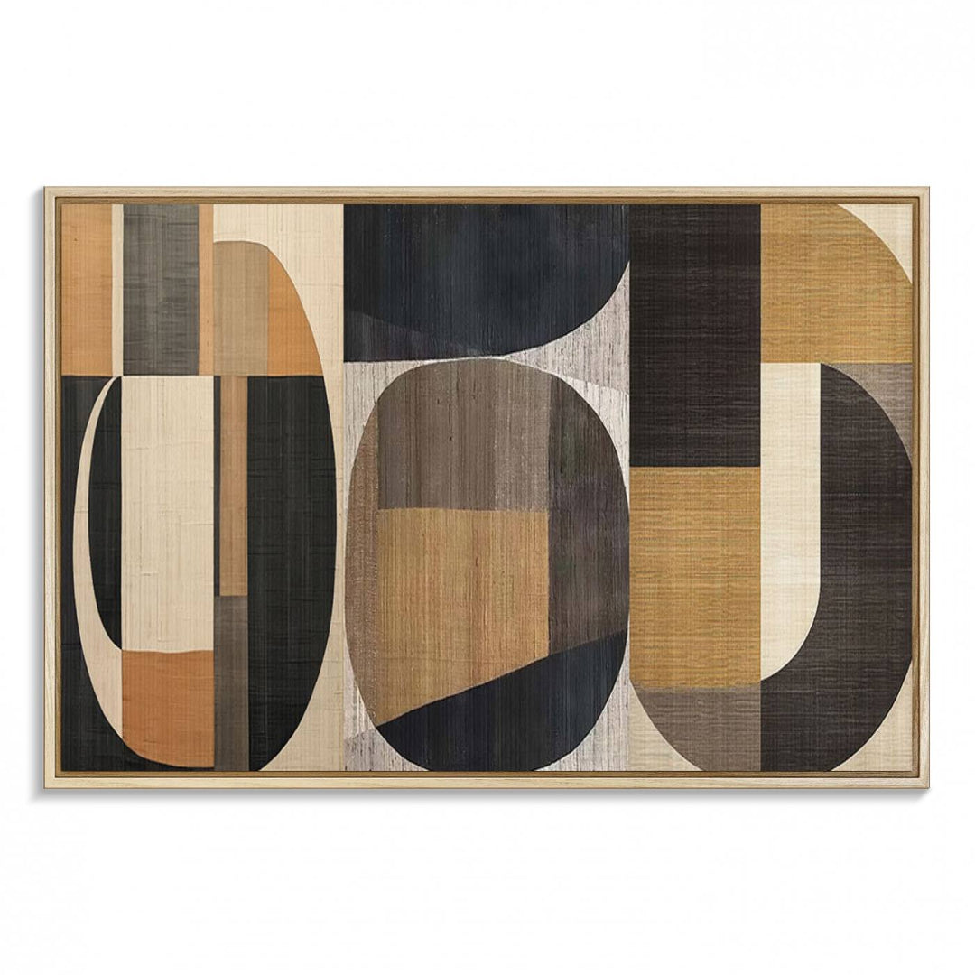 Framed Wabi Sabi Art Print: A modern minimalist geometric canvas featuring earthy tones and overlapping rounded shapes. Ready to hang.