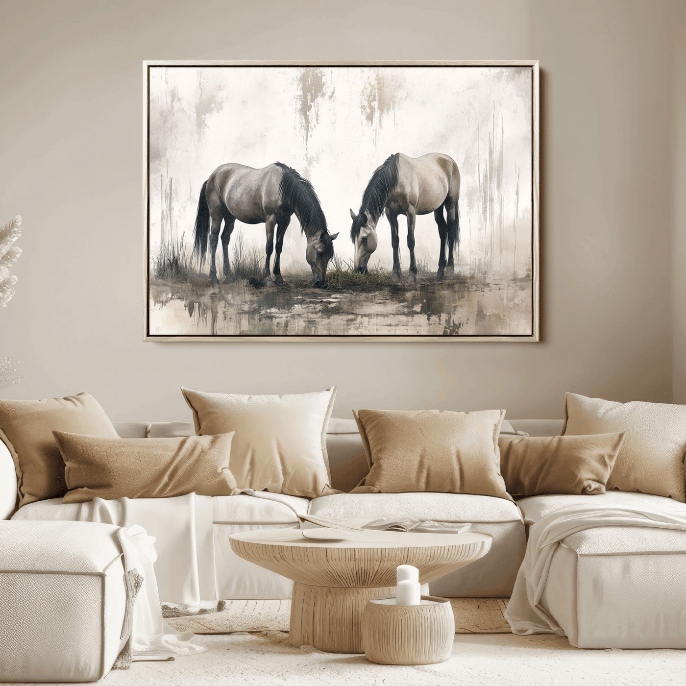 35494-MGV-FC-36X24_Natural-Chines Ink Style Vintage Horses Wall Art Canvas Print for Farmhouse Wall Decor