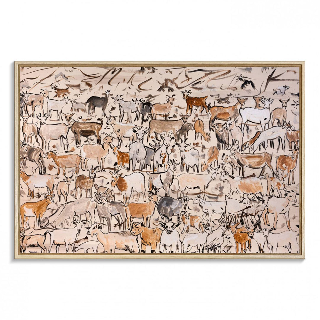 Framed Goat Herd Wall Art in minimal brush strokes on a beige backdrop, ideal for farmhouse or cabin decor.