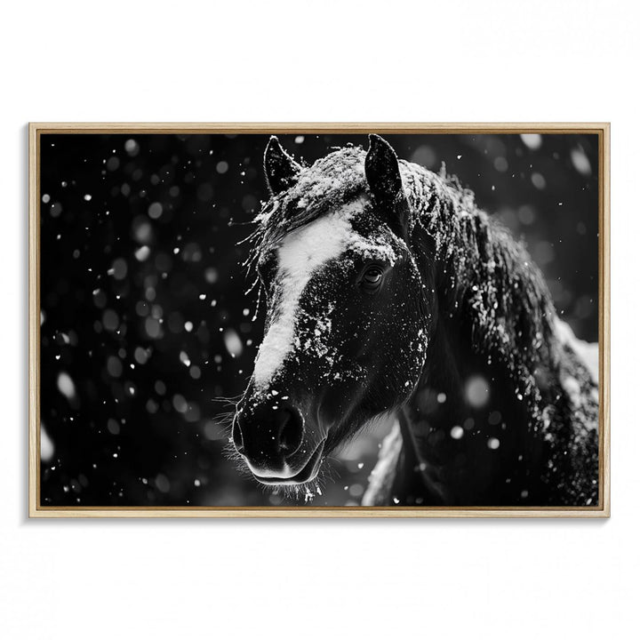 The Winter Horse Wall Art showcases a gentle horse print with snowflakes, ideal for rustic farmhouse or cabin decor.