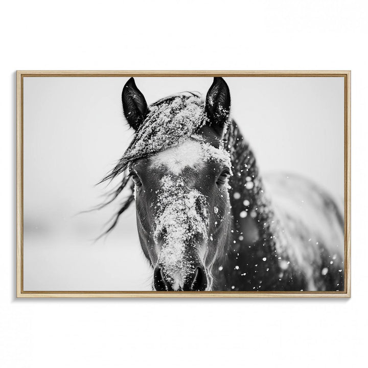 This black and white winter horse wall art enhances any decor; it is ready to hang and framed for a farmhouse or Western style.