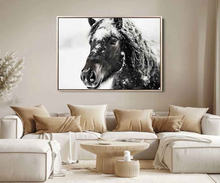 The wall art is a Black and White Horse piece, framed and ready to hang.