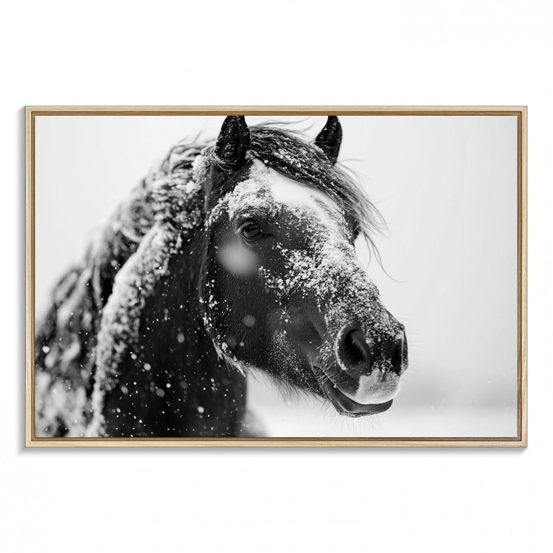 A large 3-panel rustic farmhouse wall art showcases a black and white winter horse canvas print against a snowy backdrop.