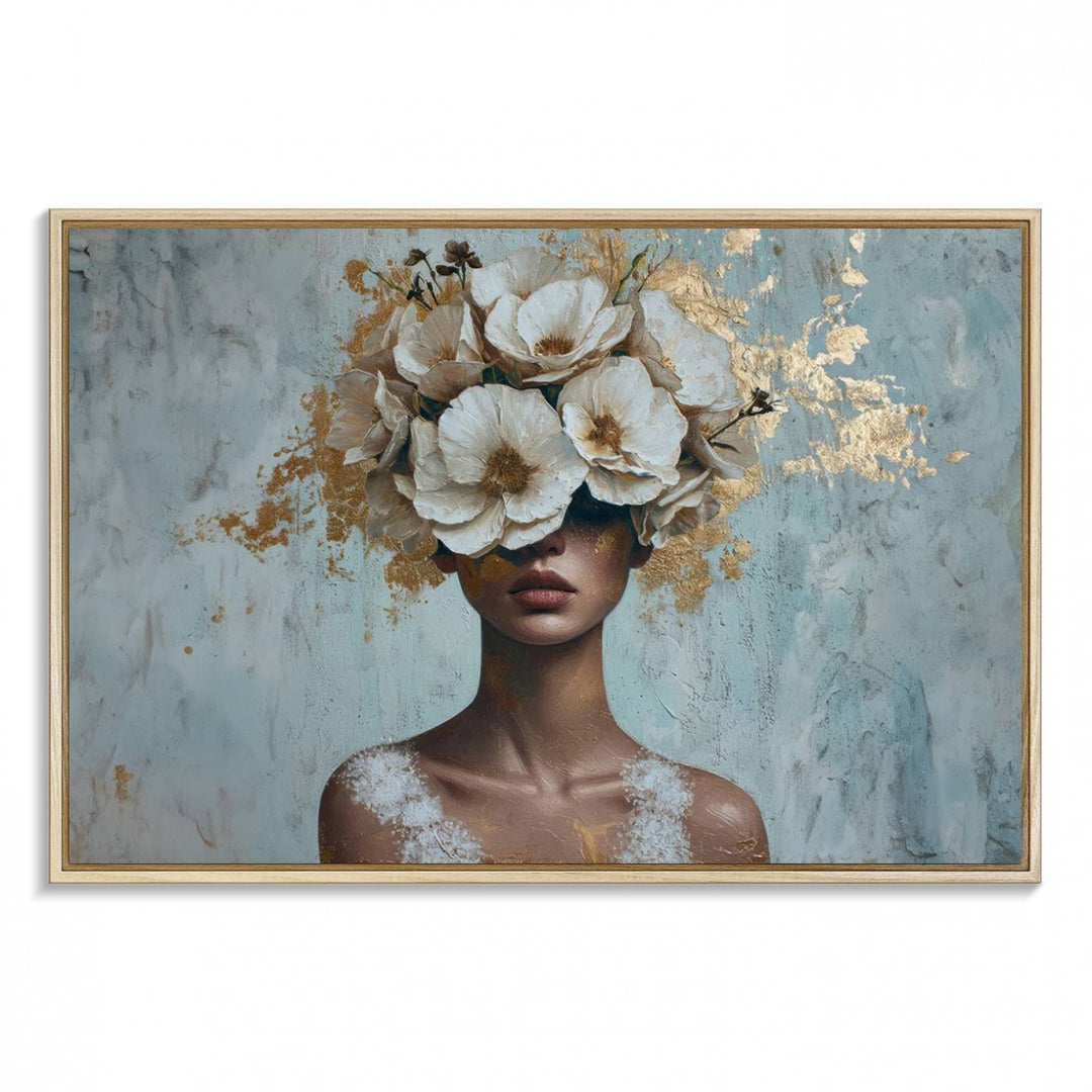 Golden Petal Wall Art: A womans face adorned with a gold floral design on a teal background, presented in a 3-panel modern glam canvas.