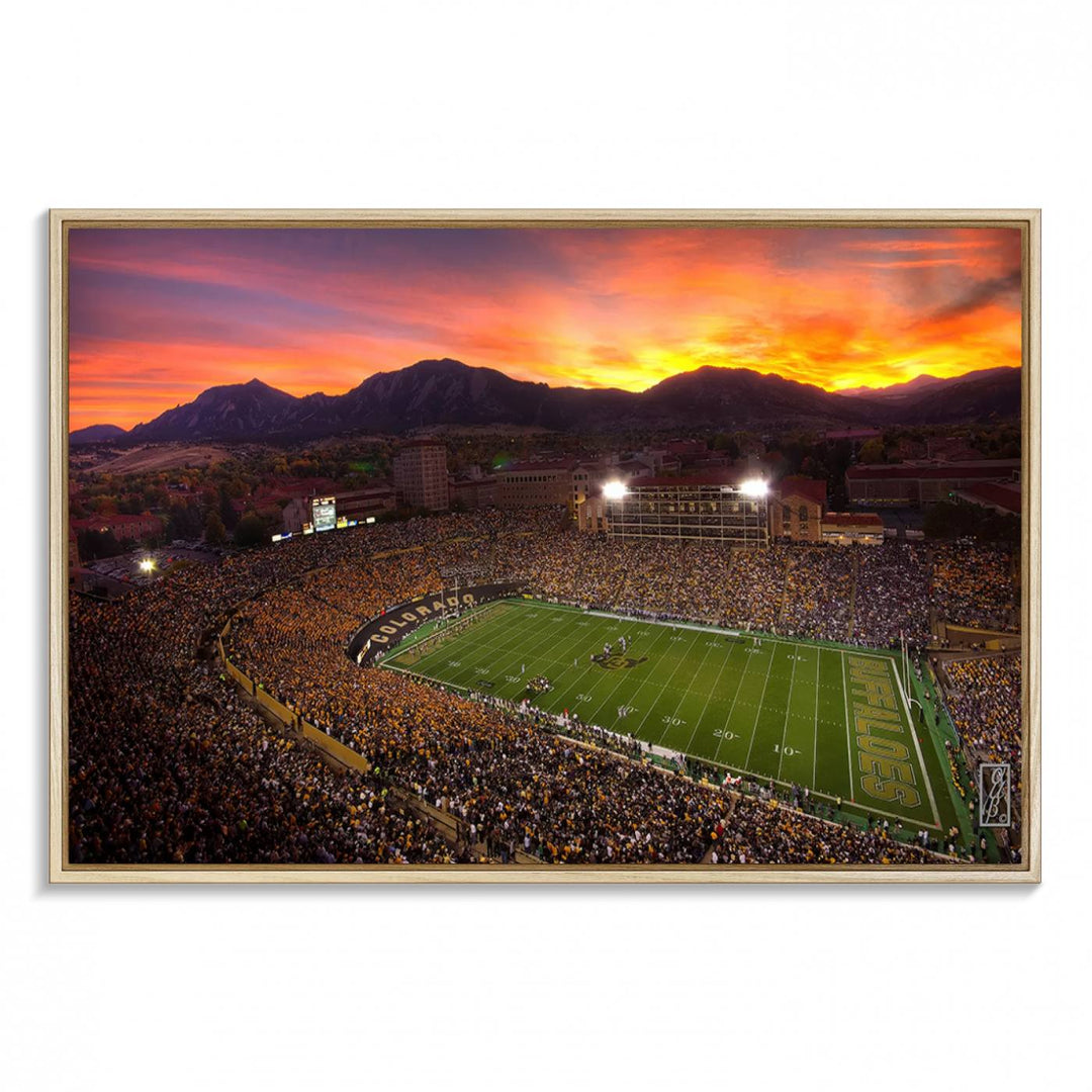 A vibrant mountain sunset at Folsom Field, home of the University of Colorado Football team, is captured in this stunning wall art canvas print.