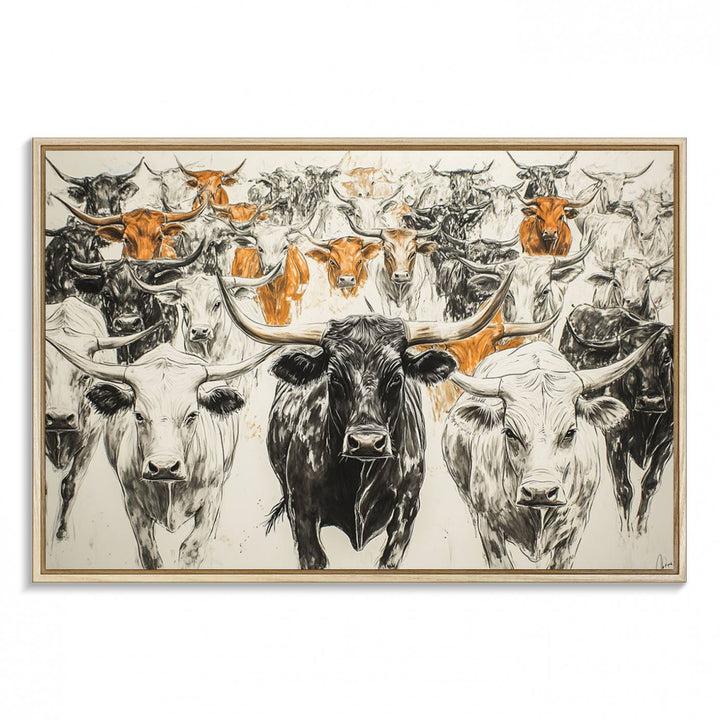 Texas Longhorn Wall Art canvas features cattle artwork with an abstract design, perfect for farmhouse decor on a porch.