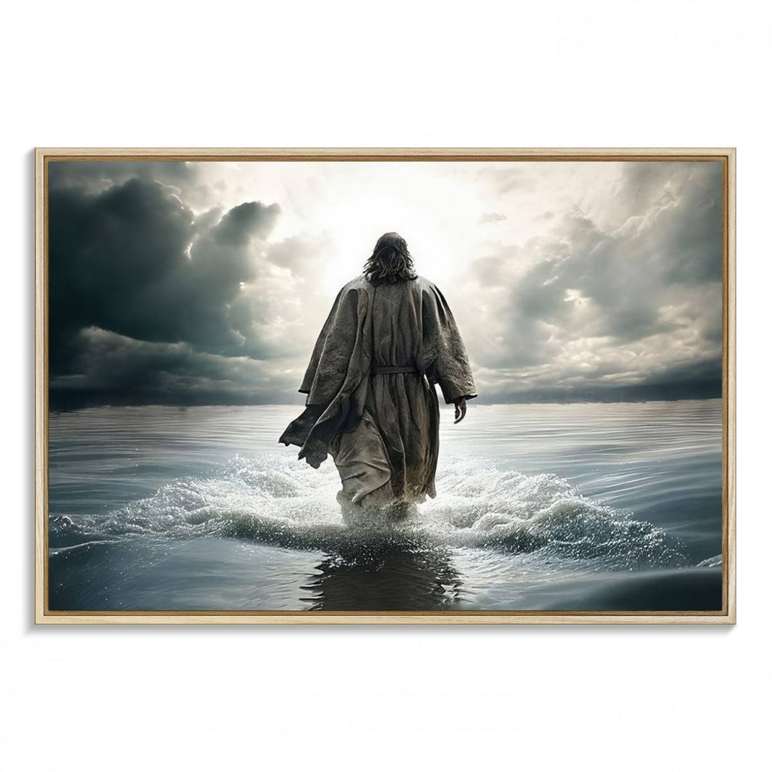 A canvas wall art depicting a figure walking on water beneath dramatic clouds, designed as inspirational religious imagery and ready to hang.