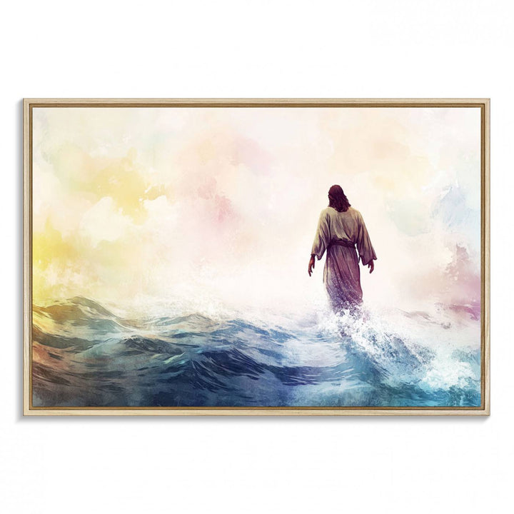 A robed figure strides on water in gentle waves, evoking the Watercolor Jesus Walking on Water canvas art.