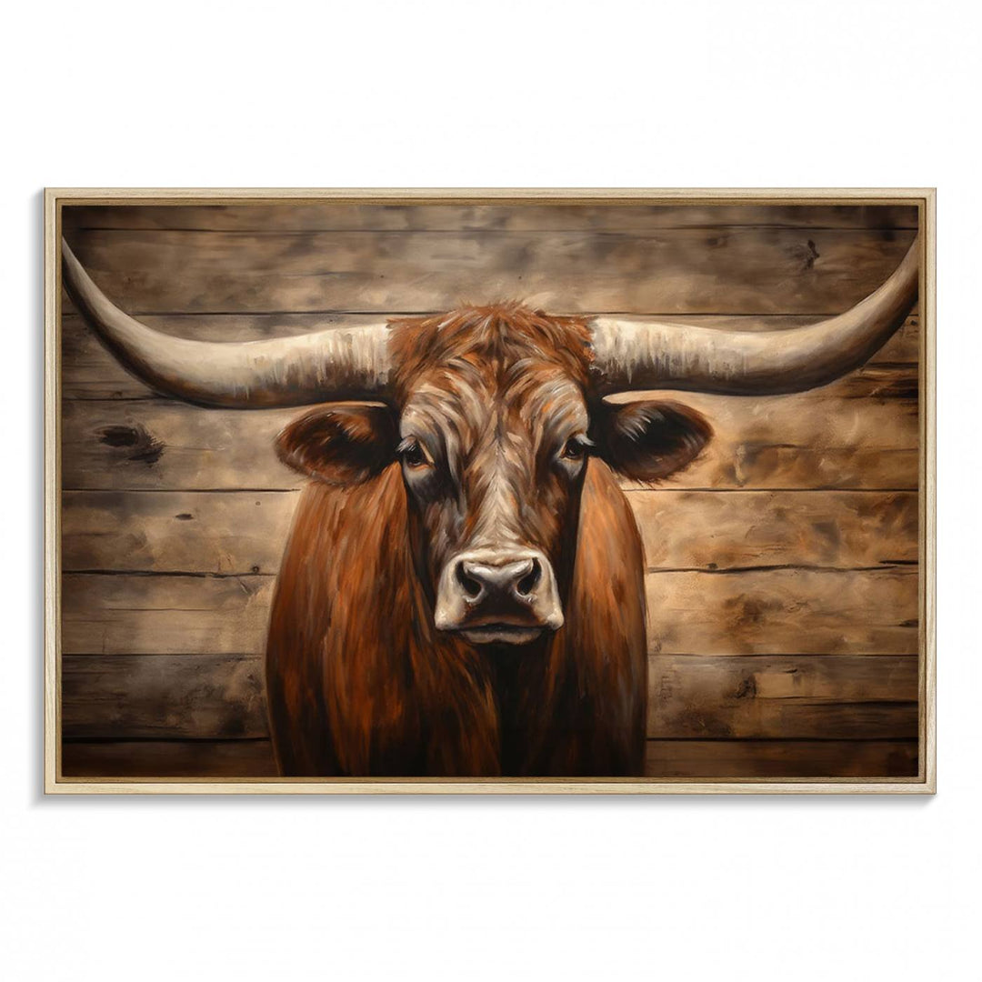 Longhorn Bull Canvas Print: Rustic Farmhouse Decor, Ready to Hang Western Barn Art.