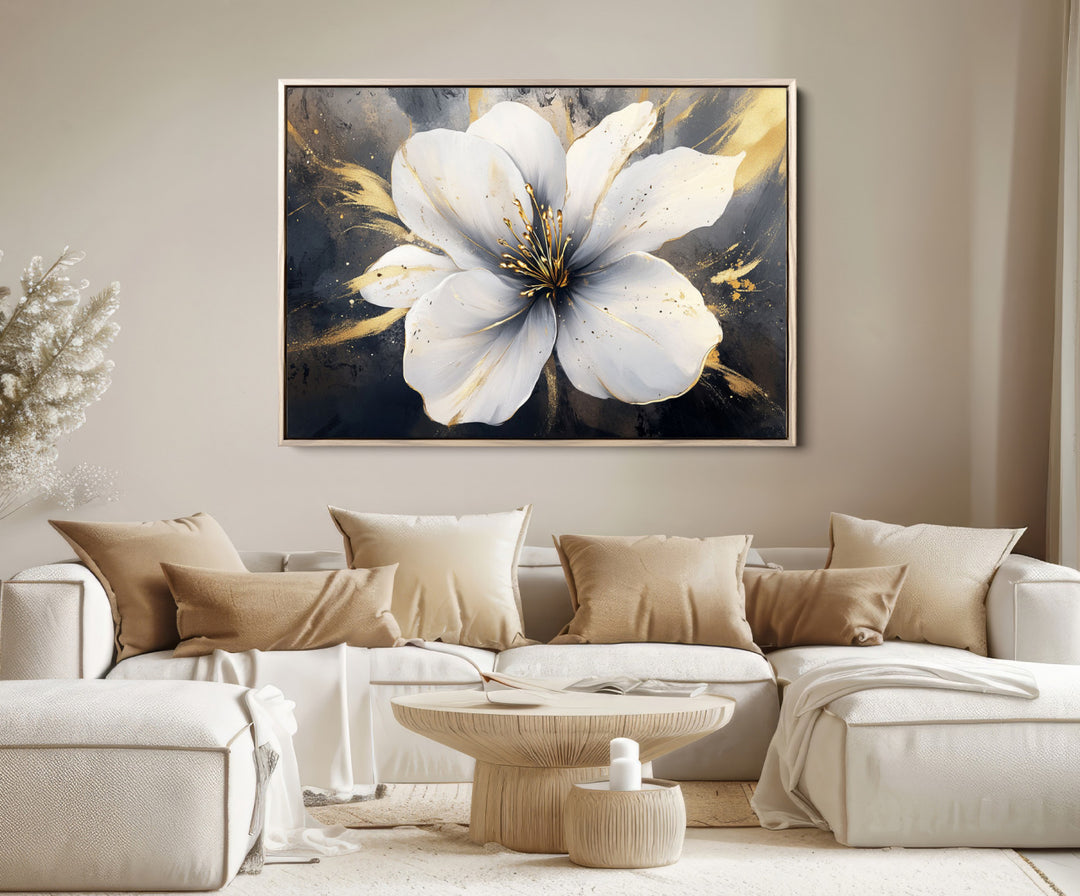 White Flower Wall Art | Canvas Print | Ready to Hang | Abstract Floral Wall Decor | Elegant Bloom Artwork | Framed for Living Room or Bedroom