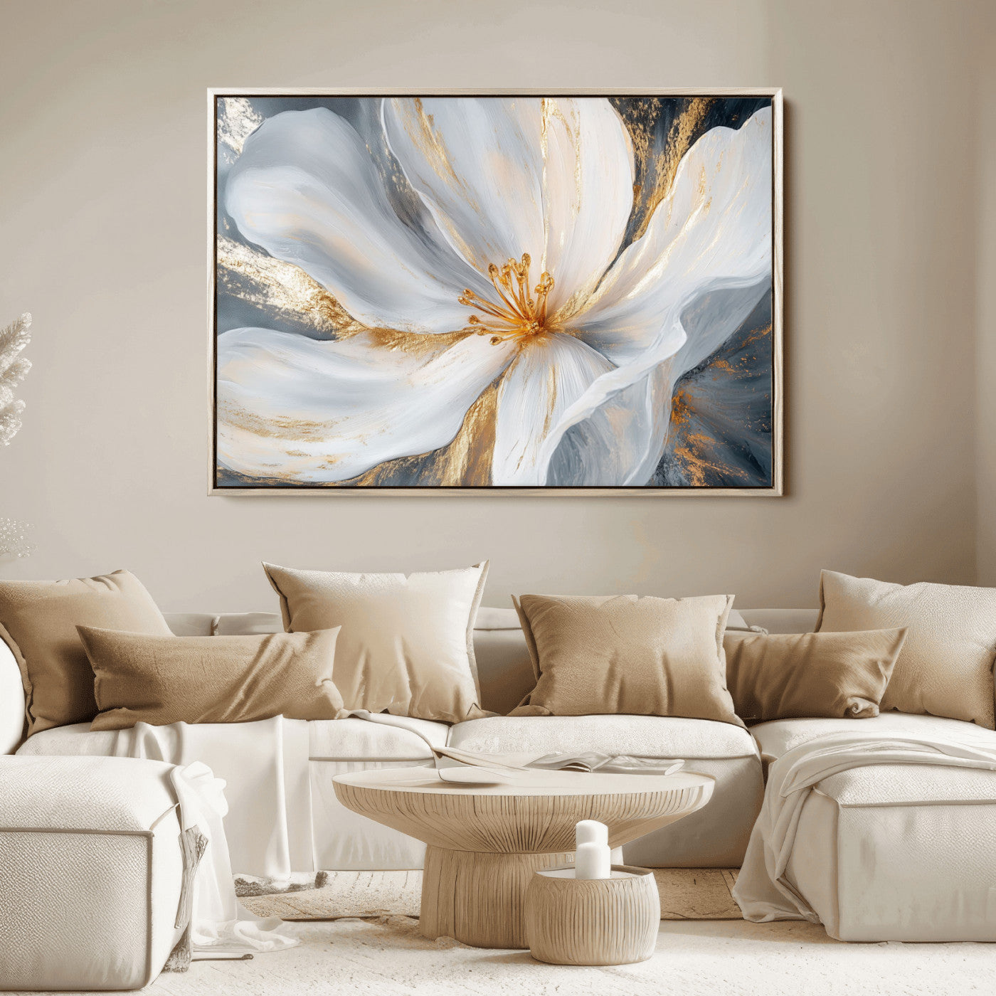 83149-MGV-FC-36X24_Natural-White and Gold Floral Canvas Wall Art - Framed and Ready to Hang - Perfect for Modern Living Rooms