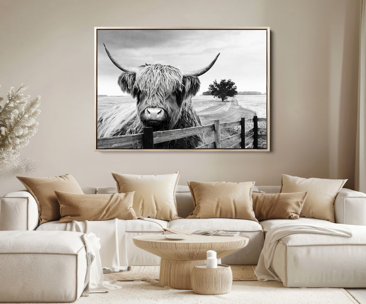 Scottish Highland Cow Wall Art | Rustic Farmhouse Décor | Black and White Ready to Hang Canvas Print