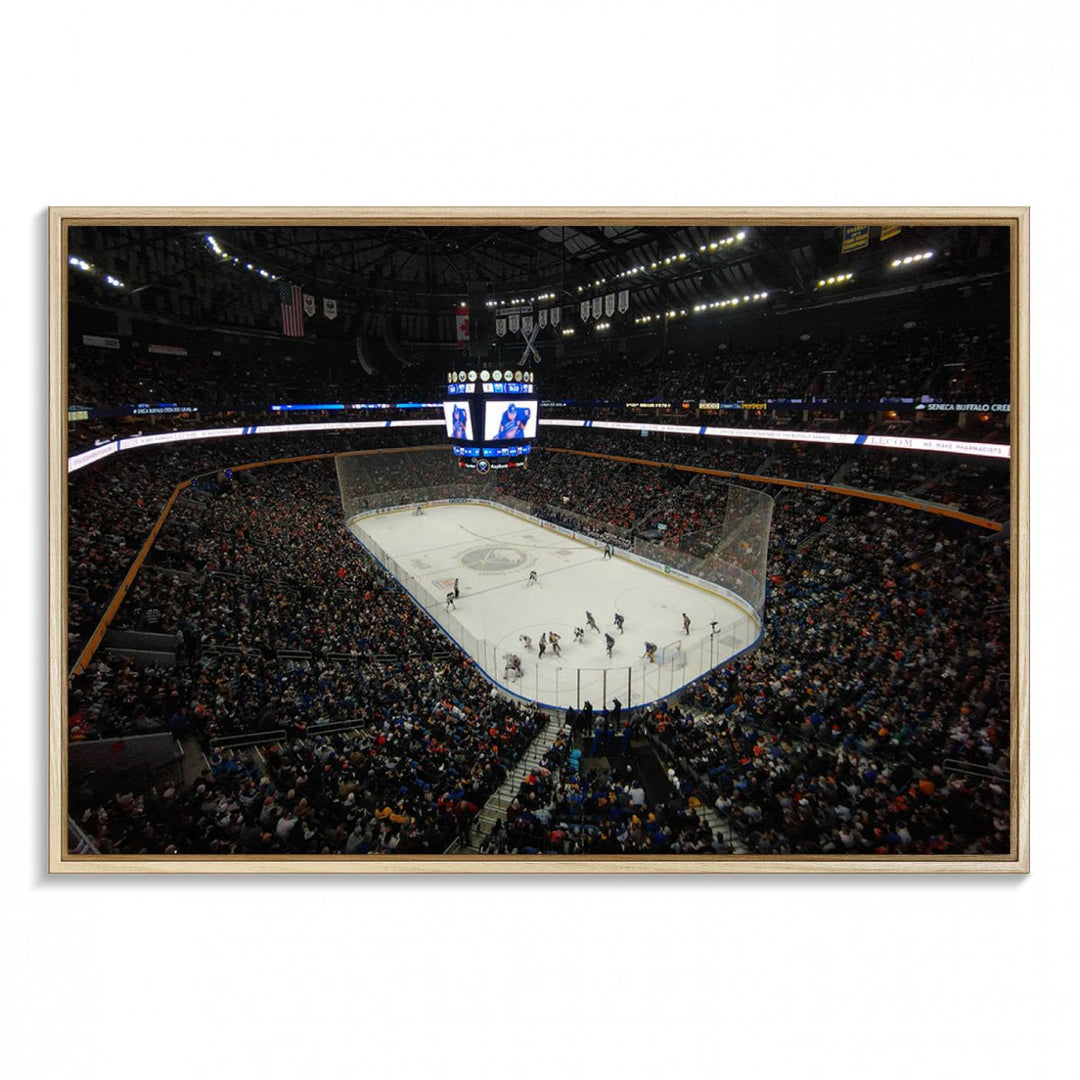 The wall art captures the essence of a Buffalo Sabres game on ice at KeyBank Center, making it deserving of a premium canvas print.