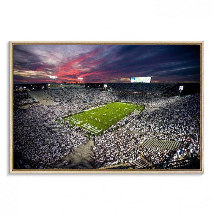 A sunset print on a canvas wall art piece captures the scene of white-clad fans at Beaver Stadium for the Nittany Lions game.