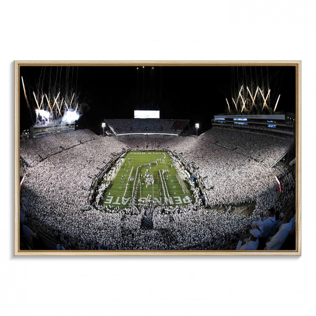 Wide-angle print of a packed stadium with fireworks, ideal gallery-quality wall art - Penn State Nittany Lions Canvas.