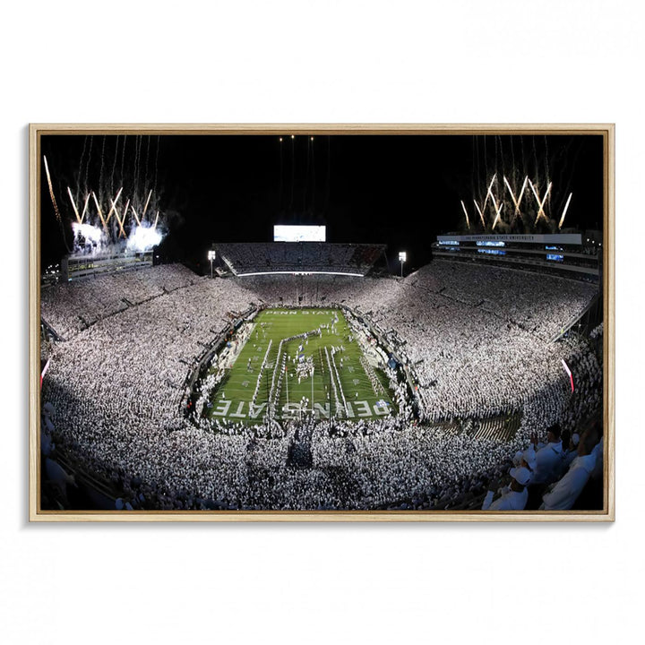 Wide-angle print of a packed stadium with fireworks, ideal gallery-quality wall art - Penn State Nittany Lions Canvas.