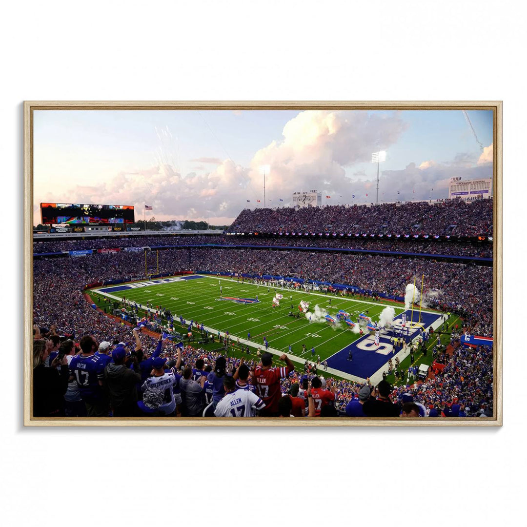 A mural of the Buffalo Bills energizes the atmosphere, capturing the excitement of a game day at Highmark Stadium, even under a cloudy sky.