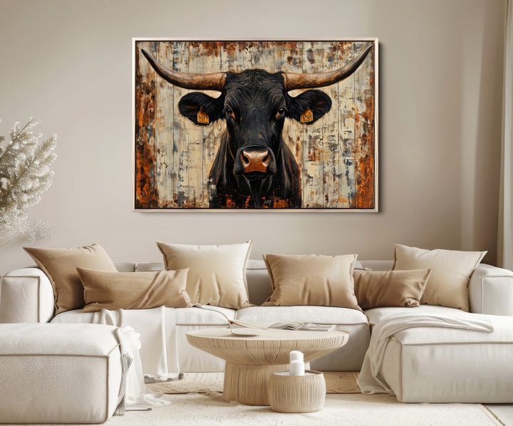Rustic Texas Artwork Wall Art Canvas Print - Abstract Cow Longhorn Bull Wall Art Canvas Print
