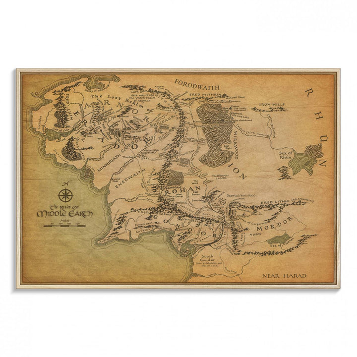 J.R.R. Tolkien's Middle-Earth World Map 3 Panel Wall Art Canvas Print | Vintage Map Wall Art for Living Room or Office | Large Framed Gallery Wrap