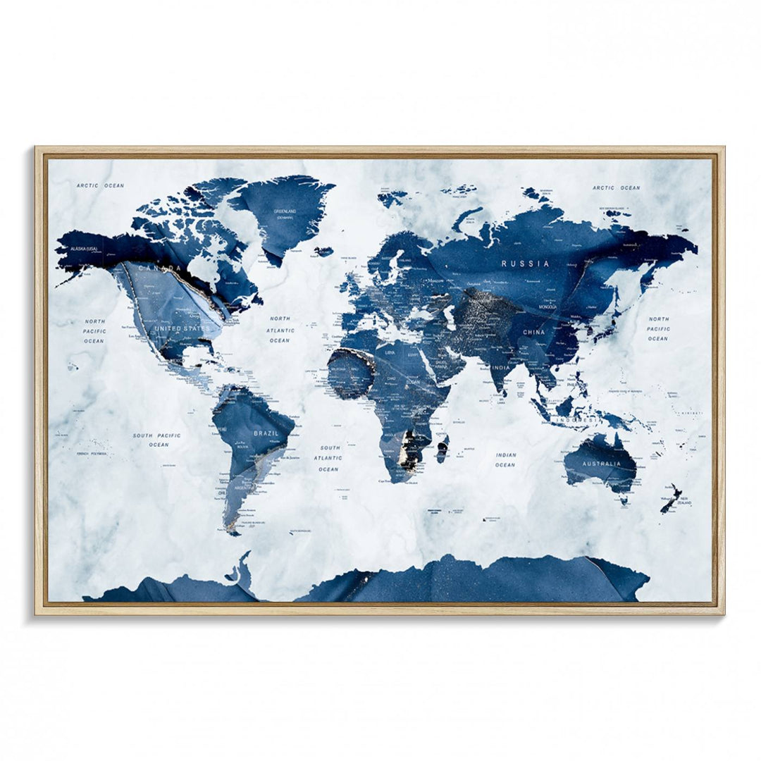 Navy Blue World Map with Antarctica Canvas: A perfect abstract home decor piece featuring a grunge-stained background.