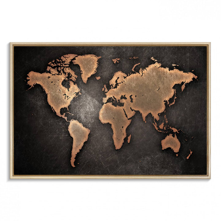 Maroon World Map Wall Art: Copper continents on a grunge-stained canvas, ideal for enhancing your decor.