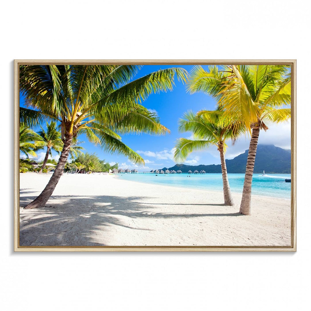 Blue Beach and Sea Wall Art Canvas Print: showcases a tropical scene with palm trees, white sand, and turquoise water.