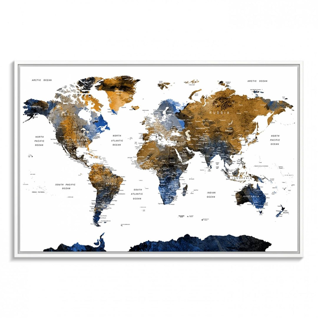 The Watercolor World Map Canvas showcases a grunge-stained background in gold, gray, and blue hues.