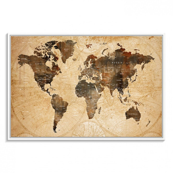 Vintage World Map Wall Art | 3 Panel Large Canvas Art | Antique World Map Canvas Print | Rustic Map Wall Art, Framed Gallery Wrapped